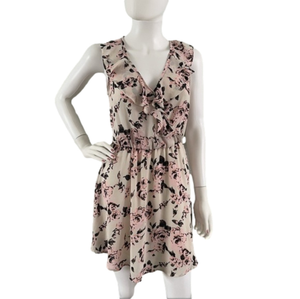 Lush Pink Cream Floral Dress Sleeveless Ruffles